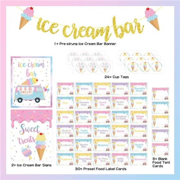 Ice Cream Bar Decor Kit, Summer Ice Cream Sundae Bar Glitter Banner Ice Cream - Picture 2 of 6